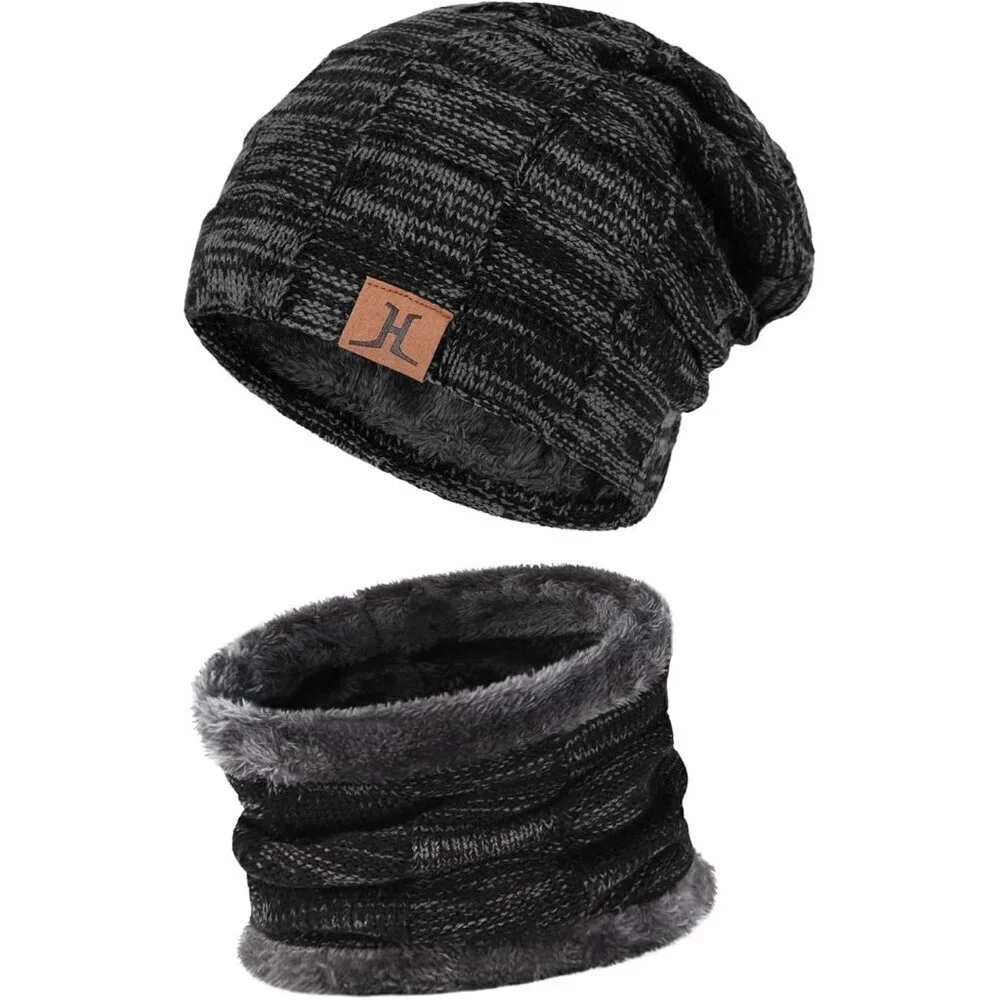 Men's Black Winter Warm Knit Skull Cap Neck Warmer Fleece Lined Hats Scarf Set